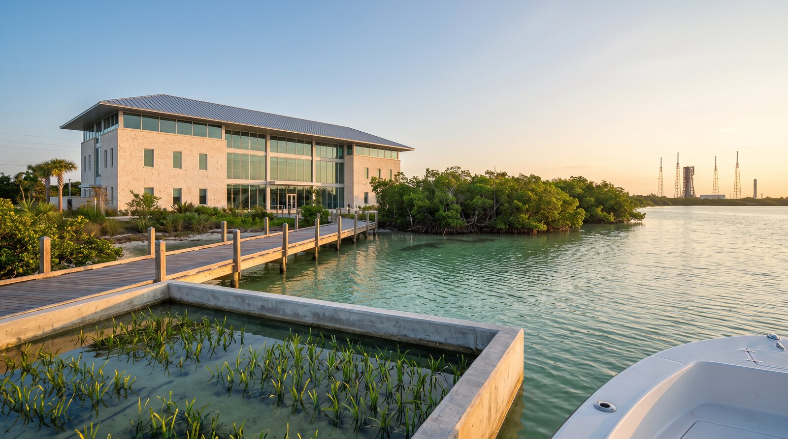 Illustrative editorial rendering of a lagoon-side conservation aquarium at sunset. A three-story modern building with pale limestone walls, generous glass facing the water, and a standing-seam metal roof sits behind mangroves. A boardwalk deck extends over shallow lagoon water, and an outdoor seagrass nursery tank in the foreground shows young shoal grass shoots. Kennedy Space Center rocket gantries are silhouetted in the distant background. A boat is anchored in the right foreground.