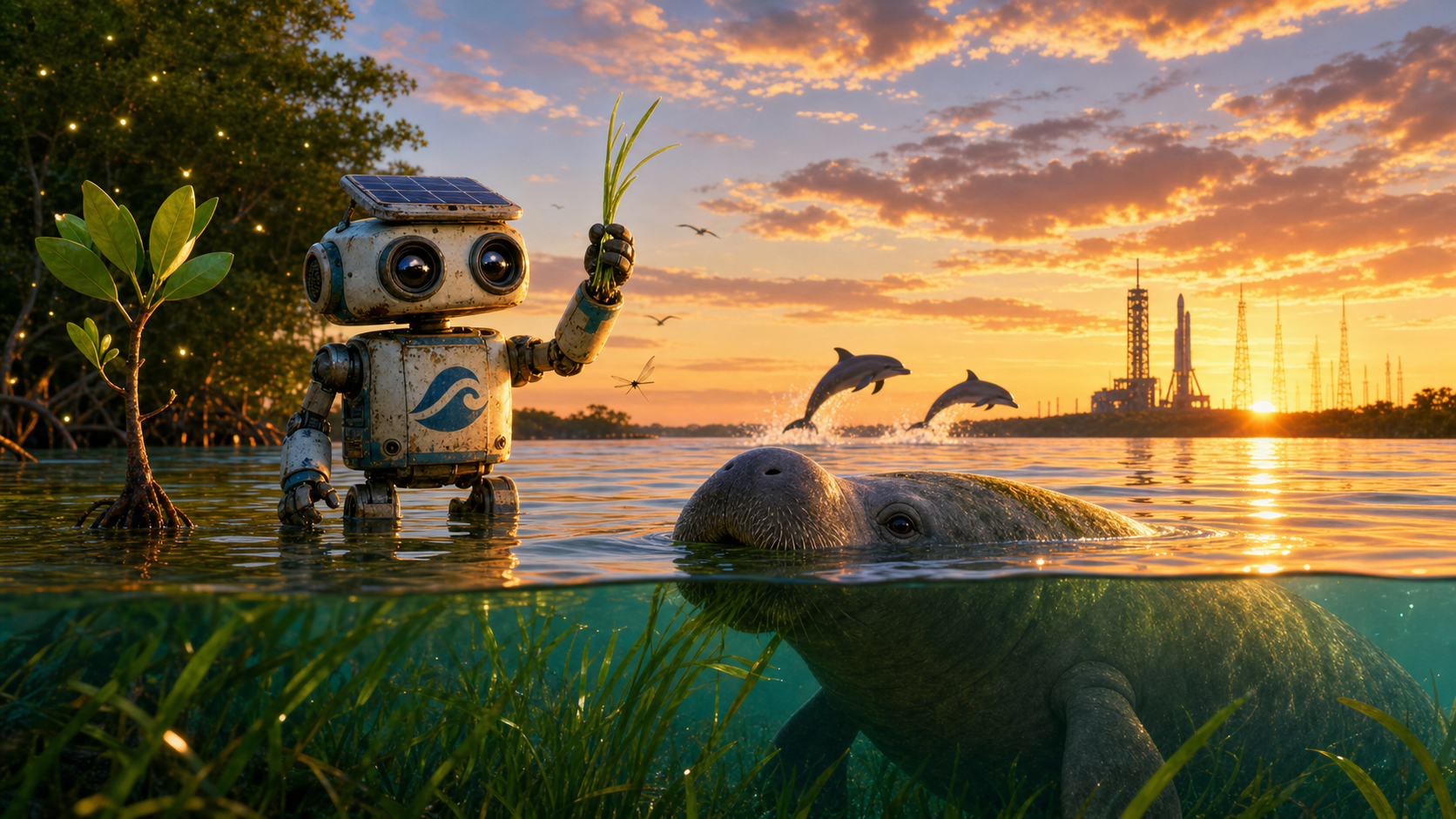 AI-generated concept illustration of a recovered Indian River Lagoon: a small weathered solar-powered cleanup robot standing in clear water holding up a fresh seagrass shoot, a manatee grazing on a green seagrass meadow visible above and below the waterline, two dolphins arcing in the mid-distance, a young mangrove sapling taking root, and Cape Canaveral rocket gantries against a sunset sky. Not a photograph, not a prediction, not a real place.