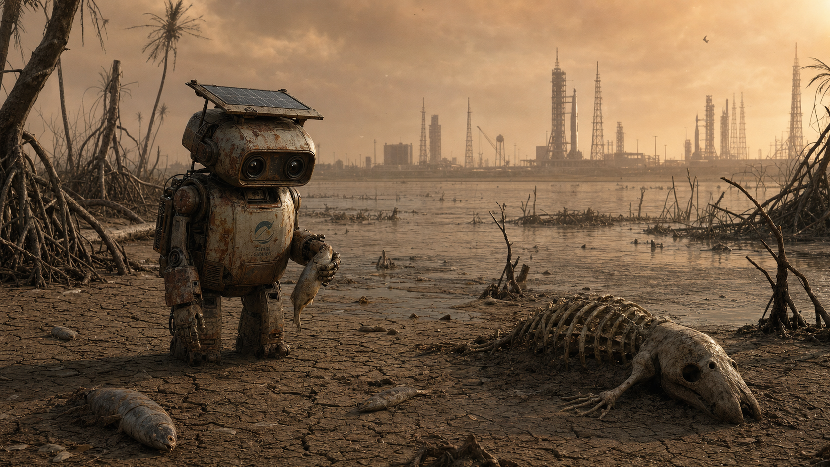AI-generated concept illustration of a collapsed Indian River Lagoon: opaque brown water dried to cracked mud, dead mangroves as bare skeletons, the same weathered cleanup robot holding a dead fish, a manatee skeleton on the mud, and Cape Canaveral rocket gantries against a hazy amber sky. Not a photograph, not a prediction, not a real place.